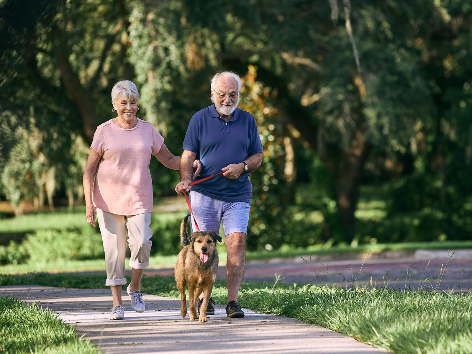 Pareja de personas mayores paseando a su perro al aire libre.